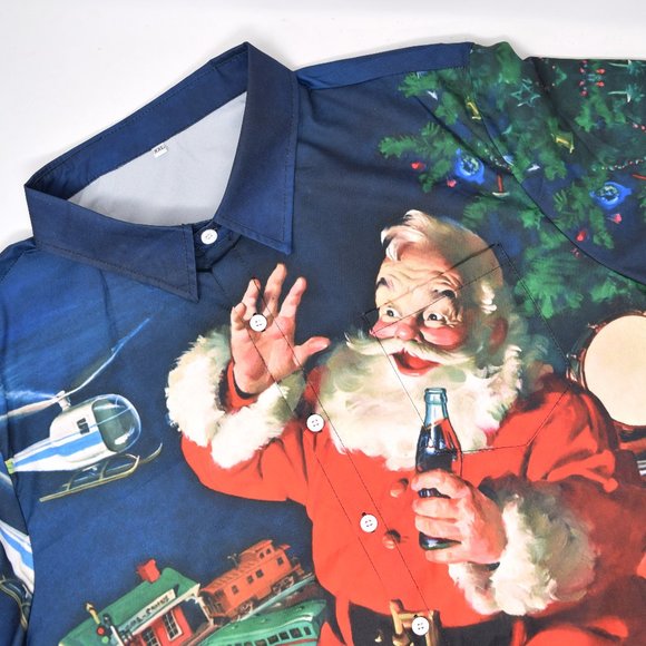 Santa Claus Train Christmas Shirt Men XXL Button Up Short Sleeve AOP 3D Holiday - Picture 3 of 10
